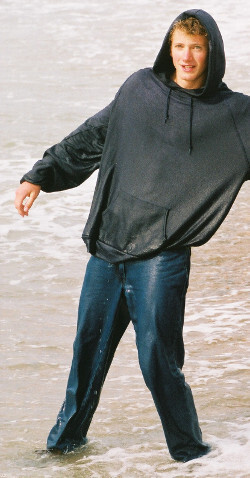 Wet jeans and hoodie