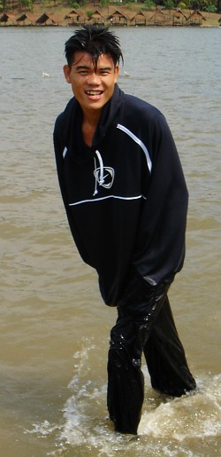 Swimming in clothes.