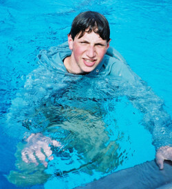 blue hoodie in pool